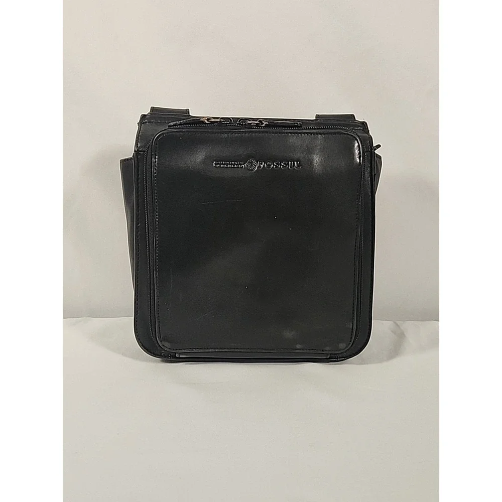 Fossil Black Leather Crossbody Bag Messenger Multi Pocket Purse Travel Organizer